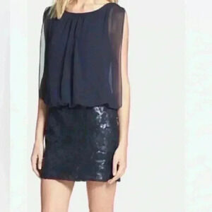 Aidan Mattox Navy Cocktail Dress with Sheer Flatter Top and Sequined Skirt‎ Boho